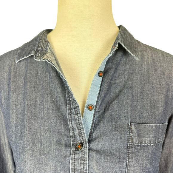 Postmark Anthropologie Flora-Spliced Chambray Floral Button Up Long Sleeve Top - Picture 7 of 10